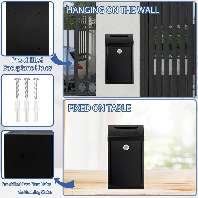 Hualleko Cash Money Box with Slot – 10.2In Metal Donation Box with Lock for Cash Deposit,Wall Mounted Money Drop with Lock and Slot for Home/Farm/Office/Outdoors (Black-Without Words) - Image 4